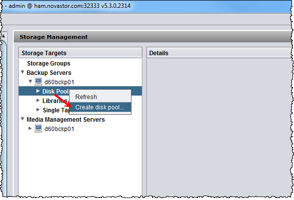 b)	Klicken Sie im Bereich Backup Servers auf Disk Pool und wählen Sie im Kontextmenü Create disk pool aus. (isghm05.png)