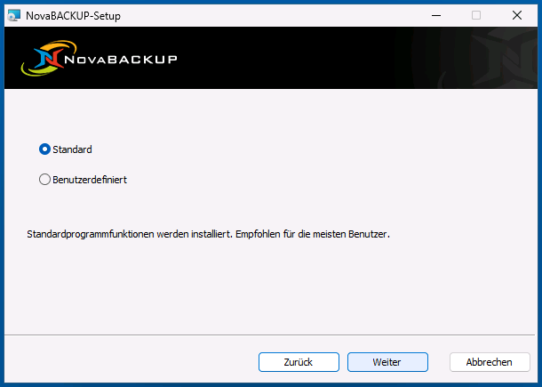 Seite Installationstyp mit ausgewählter Option Standard