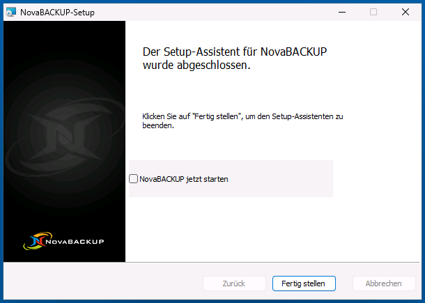Abschlussseite des NovaBACKUP Setup-Assistenten