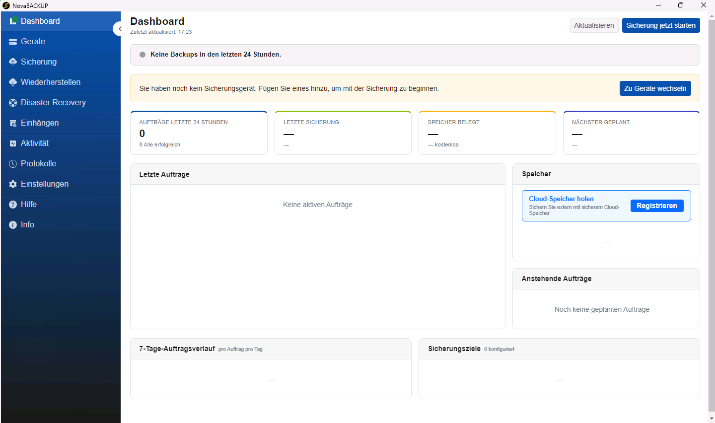 Feld Cloud-Speicher holen mit der Schaltfläche Registrieren im Dashboard