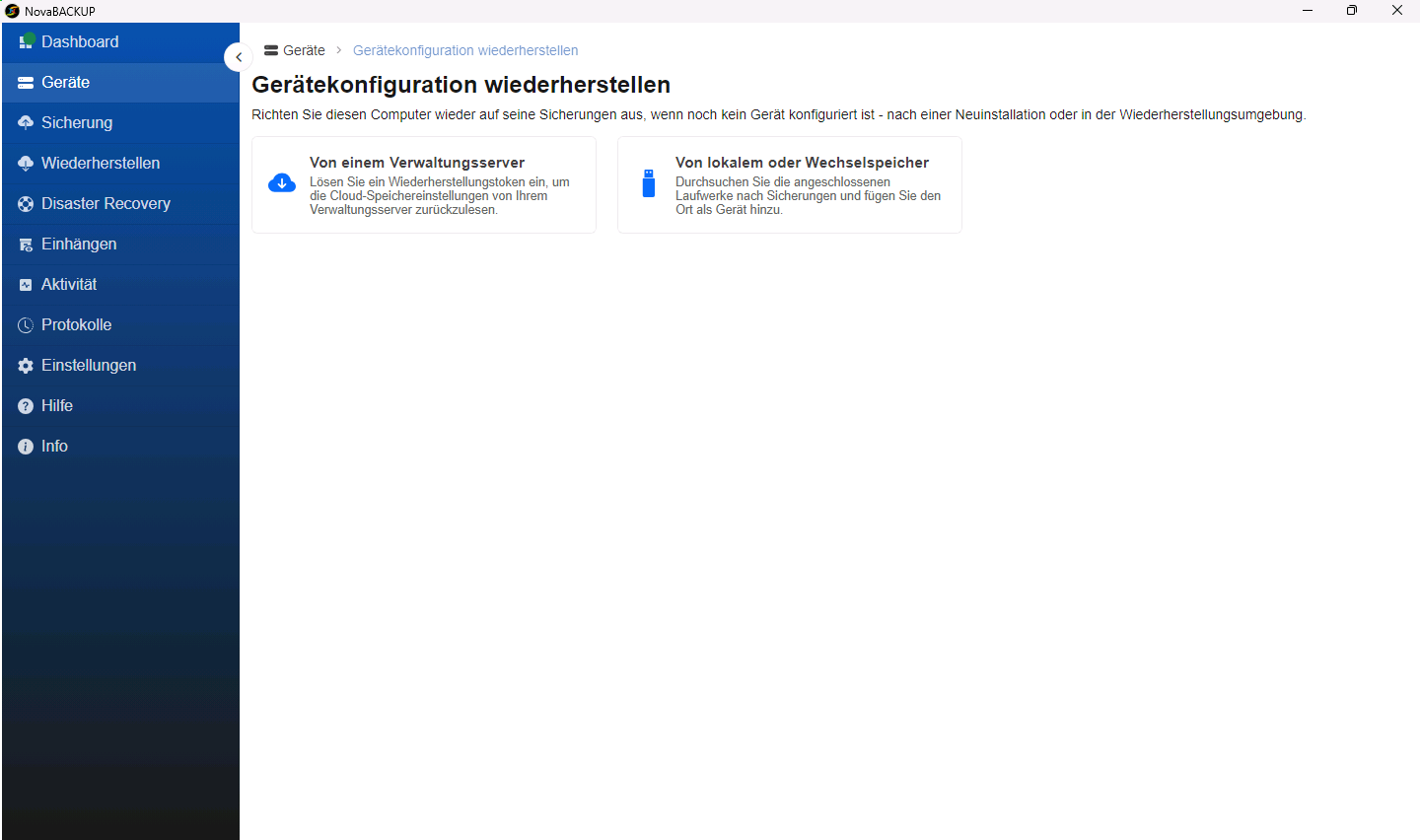 Seite Gerätekonfiguration wiederherstellen mit den Optionen Von einem Verwaltungsserver und Von lokalem oder Wechselspeicher