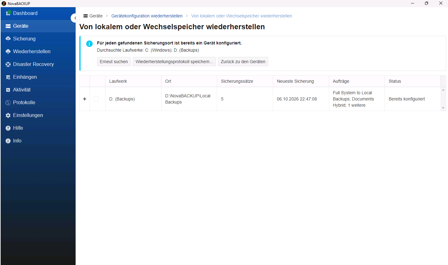 Suchergebnis mit einem Backup-Speicherort auf Laufwerk D: