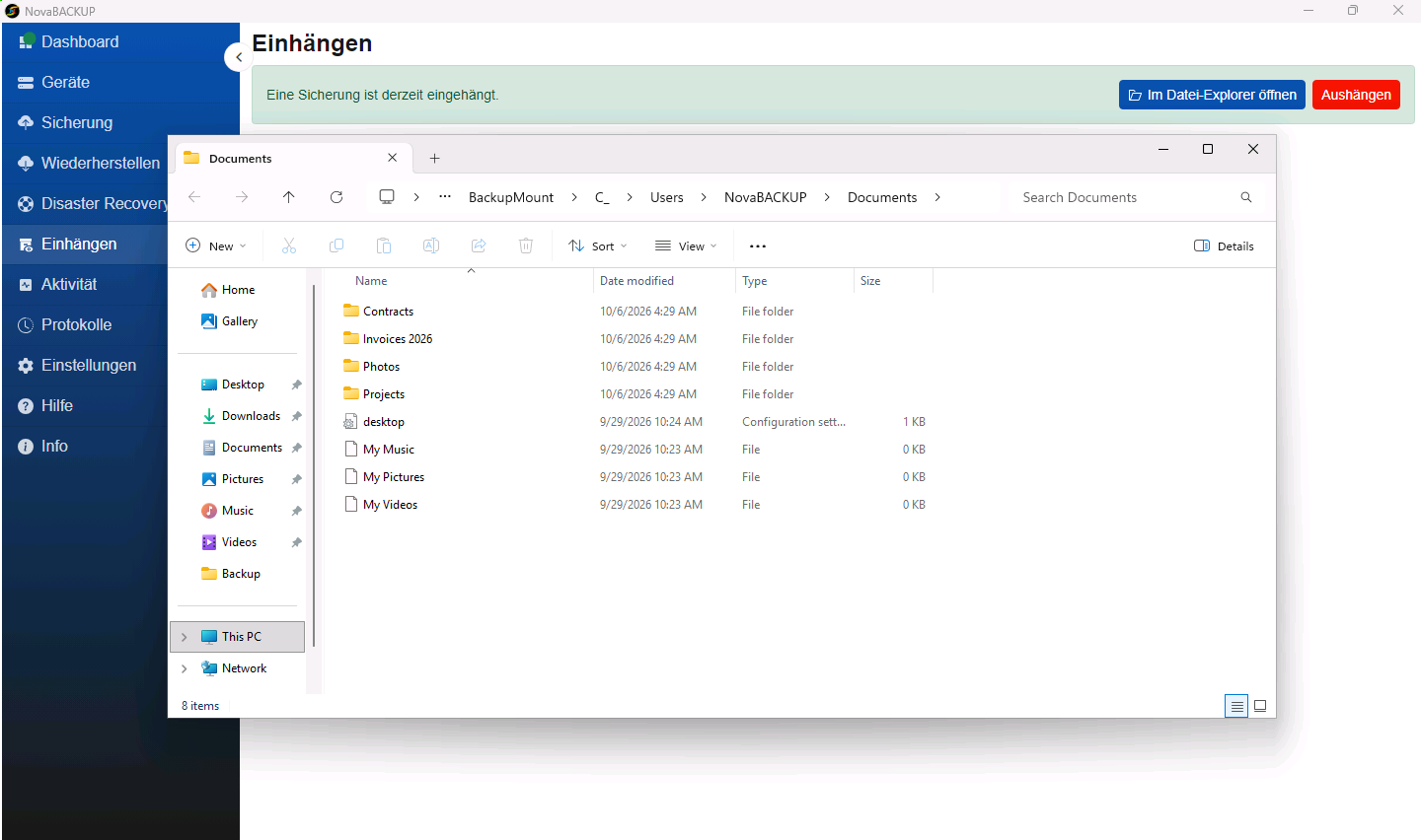 Datei-Explorer mit dem Ordner Documents im eingehängten Backup