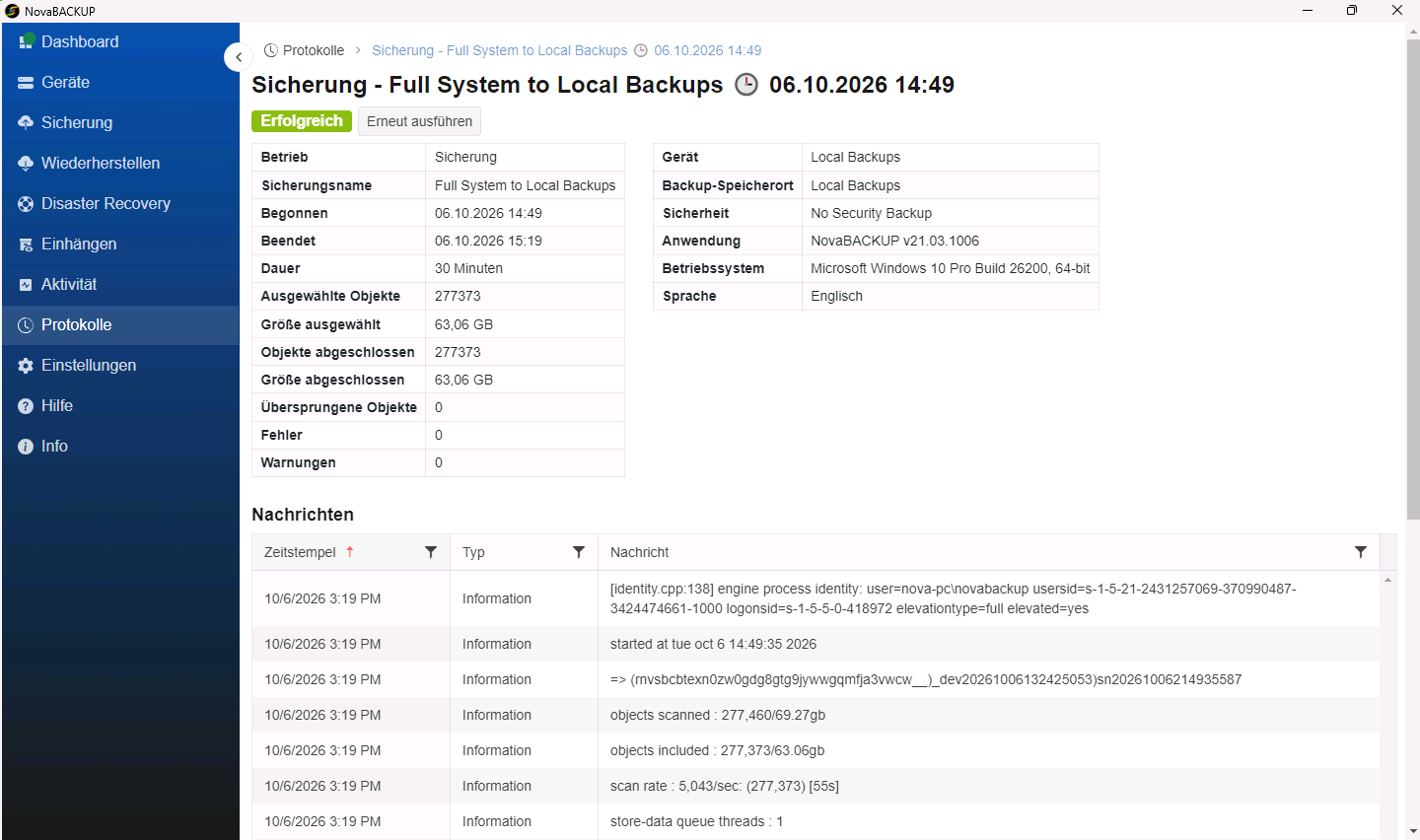 Details eines erfolgreichen Backup-Laufs mit Zusammenfassung und der Liste Nachrichten