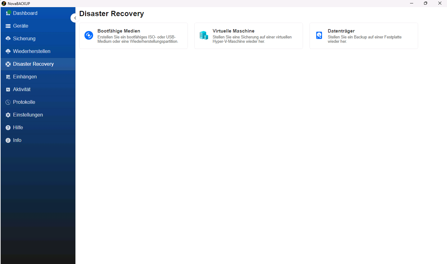 Seite Disaster Recovery mit den Karten Bootfähige Medien, Virtuelle Maschine und Datenträger