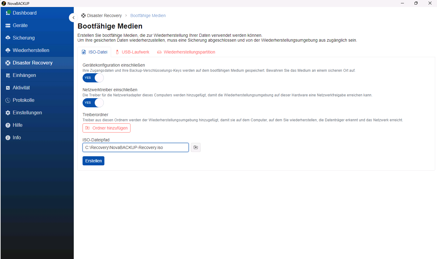 Registerkarte ISO-Datei mit aktivierter Option Gerätekonfiguration einschließen und einem ISO-Dateipfad