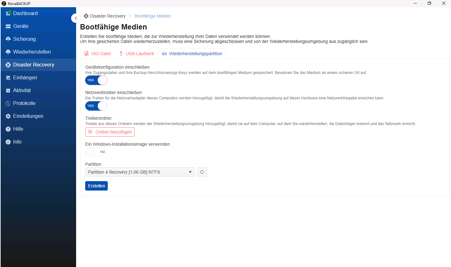 Registerkarte Wiederherstellungspartition mit ausgewählter Wiederherstellungspartition