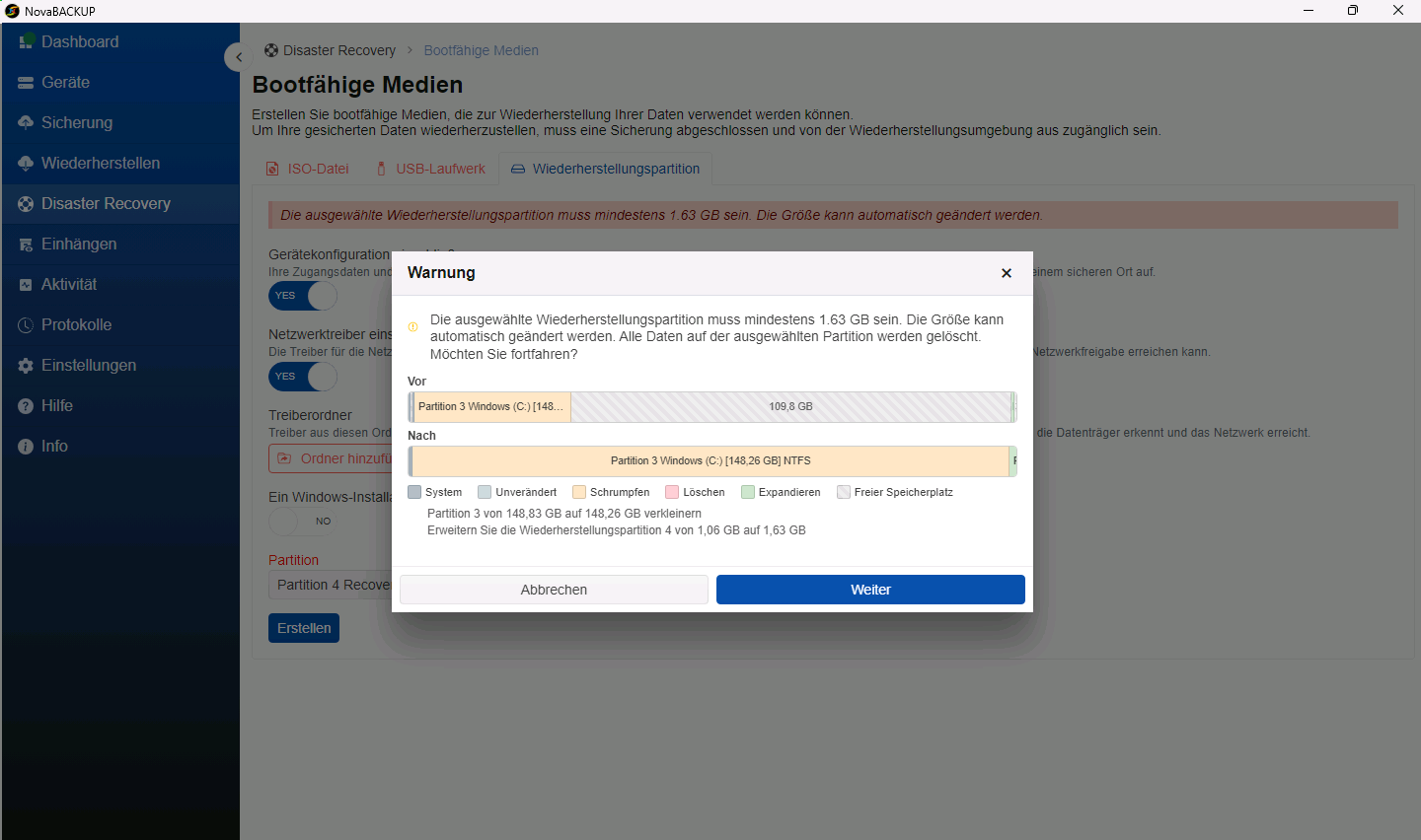 Dialog Warnung mit der Partitionsaufteilung vorher und nachher
