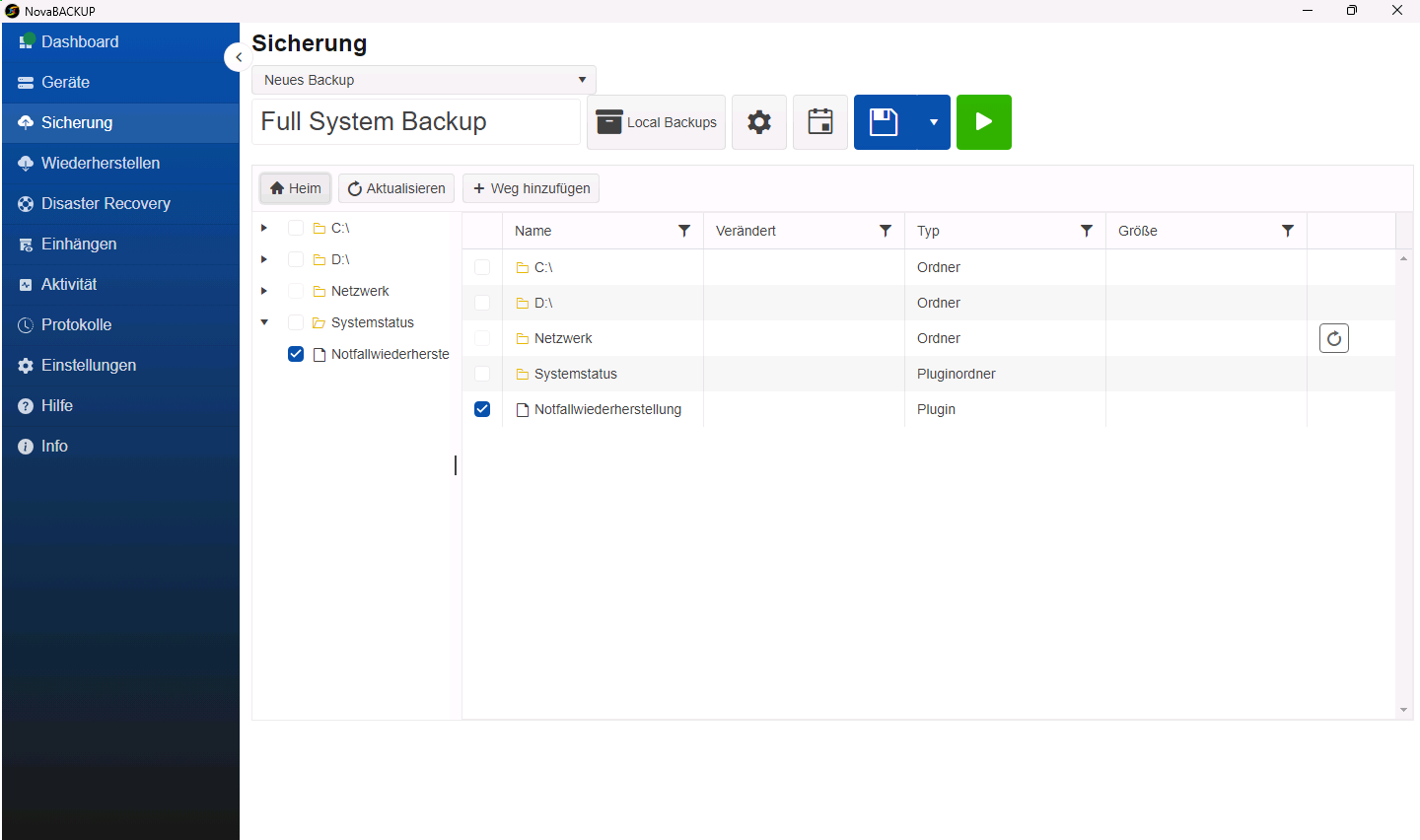 Seite Sicherung mit Disaster Recovery als ausgewählter Backup-Quelle