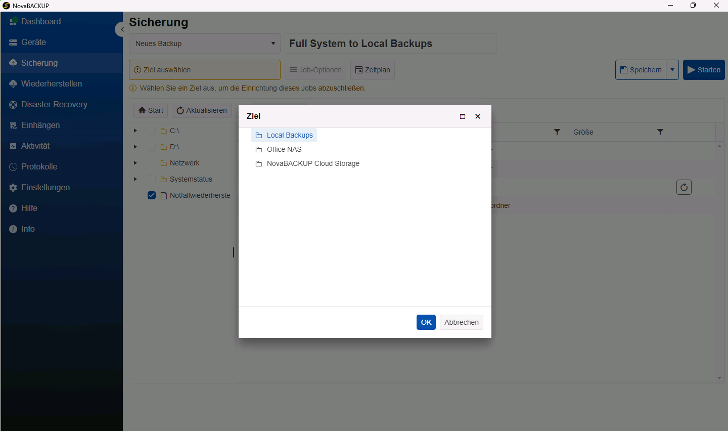 Zieldialog mit der Liste der Backup-Geräte