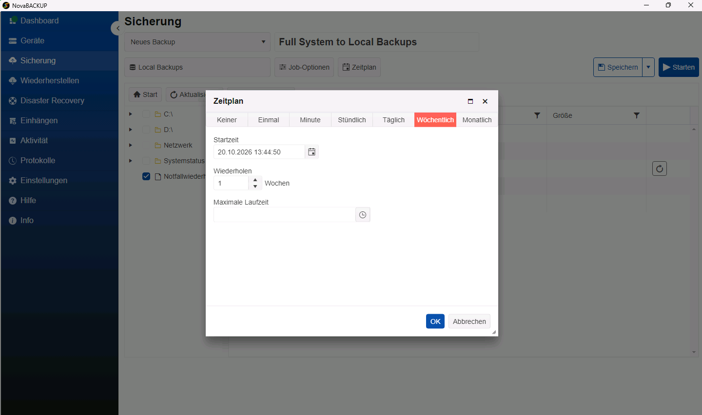 Dialog Zeitplan mit ausgewählter Option Wöchentlich