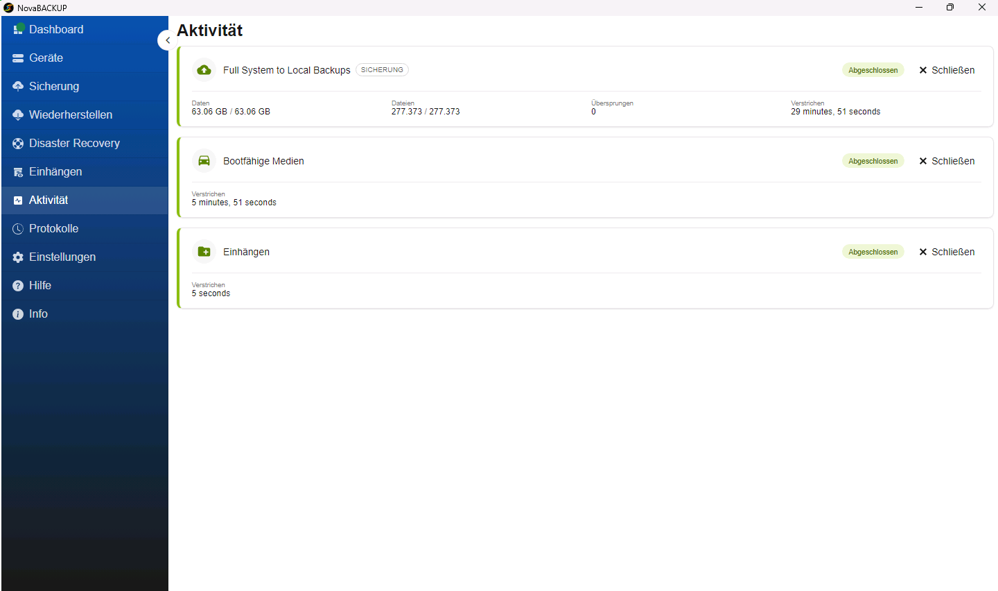 Seite Aktivität mit dem abgeschlossenen vollständigen System-Backup
