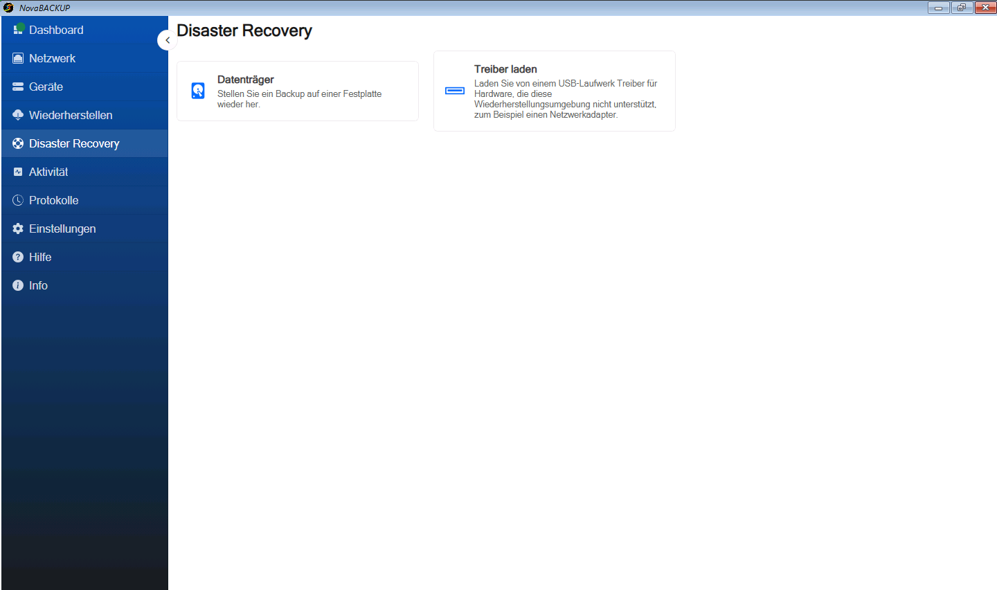 Seite Disaster Recovery in der Wiederherstellungsumgebung mit den Karten Datenträger und Treiber laden