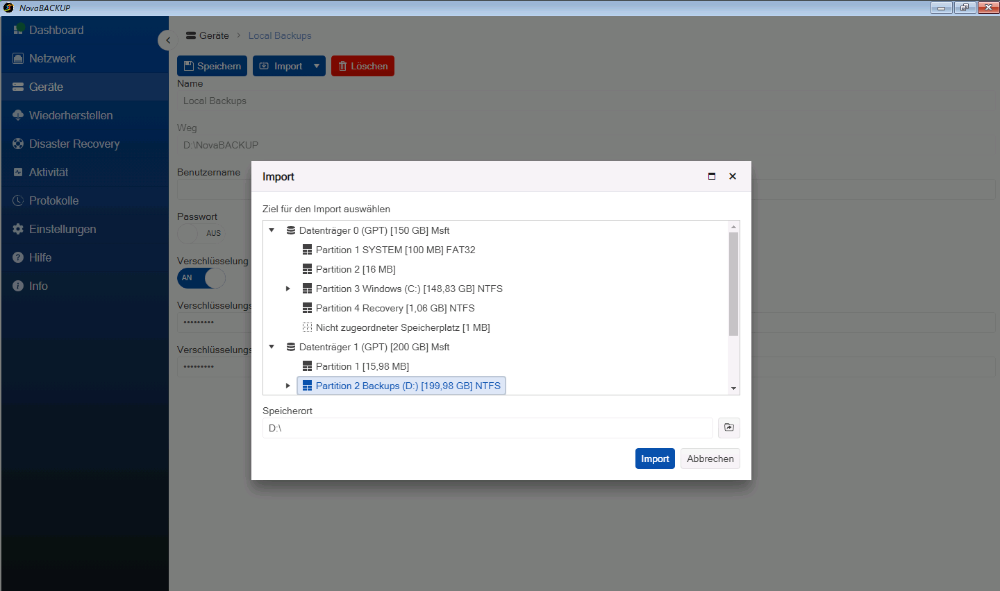 Import-Dialog mit ausgewählter Partition Backups auf Datenträger 1