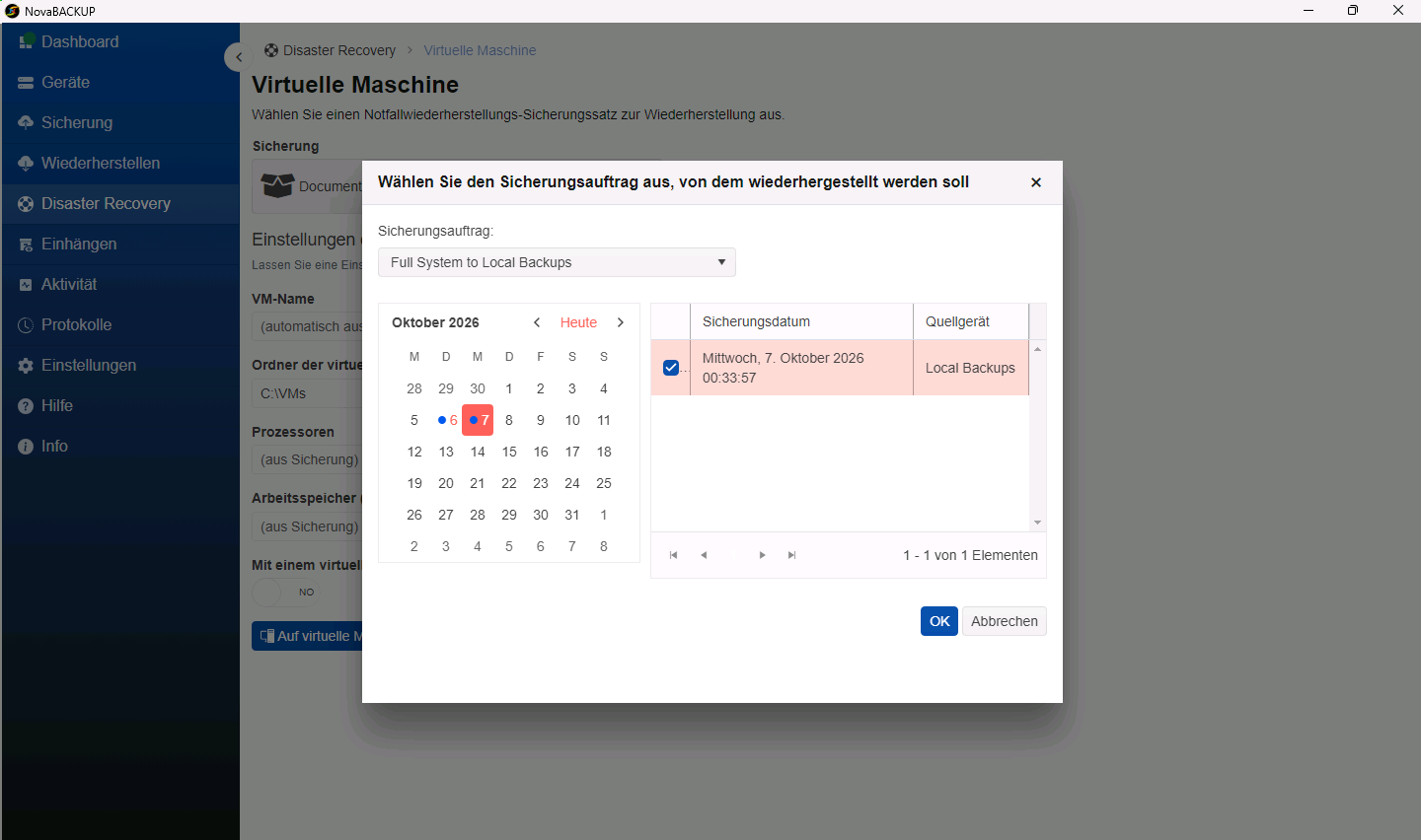 Auswahl des Sicherungssatzes mit ausgewähltem Job des vollständigen System-Backups