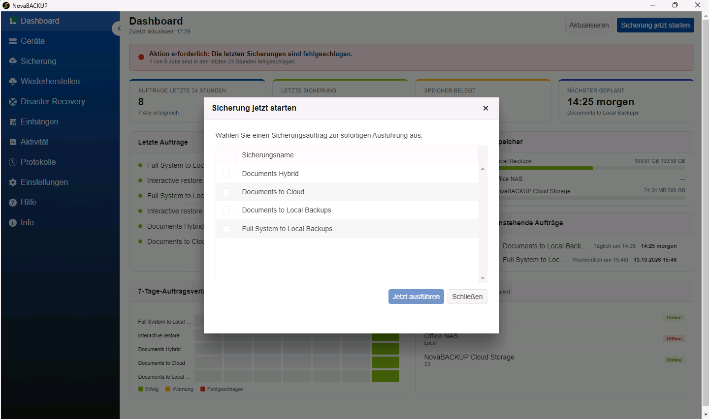 Dialog Sicherung jetzt starten mit der Liste der Backup-Jobs