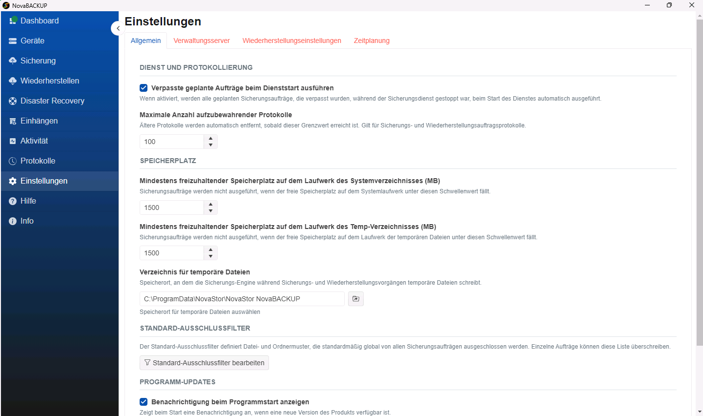 Seite Einstellungen mit der Registerkarte Allgemein