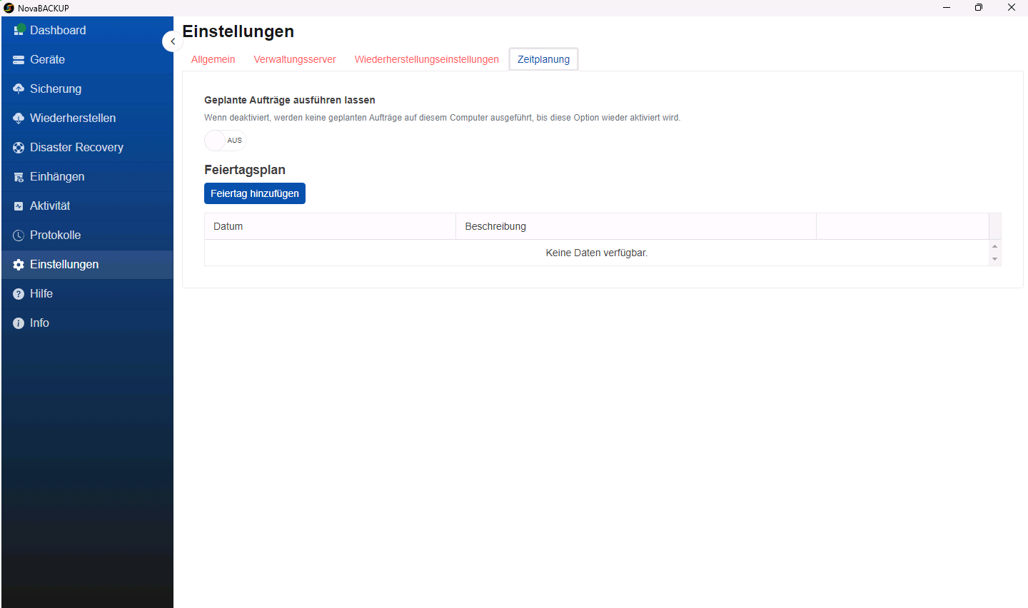 Seite Einstellungen mit der Registerkarte Zeitplanung