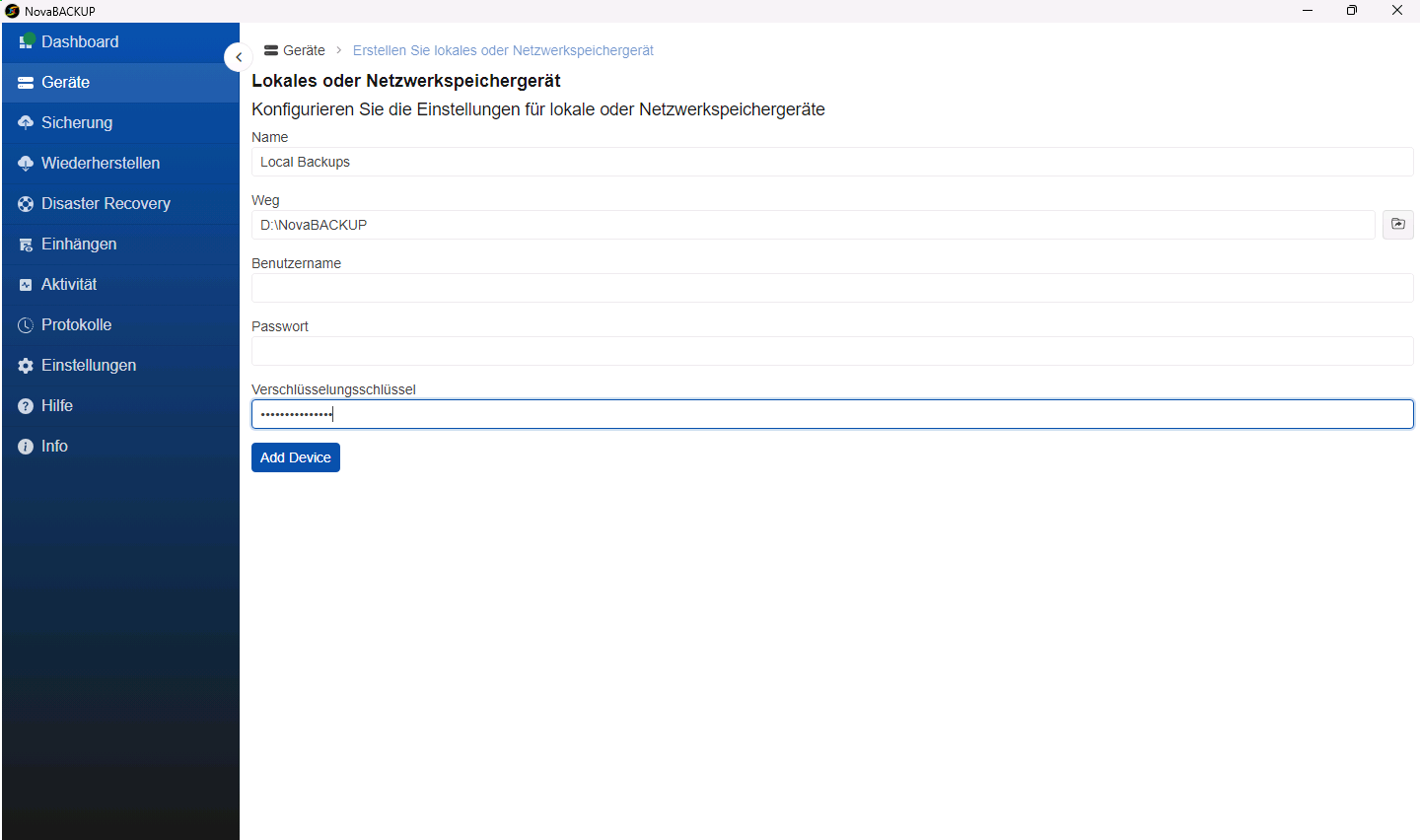 Lokales Gerät mit dem Namen Local Backups und dem Pfad D:\NovaBACKUP