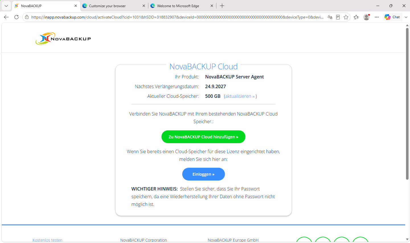 Seite NovaBACKUP Cloud mit Produkt, Verlängerungsdatum und Cloud-Speicher