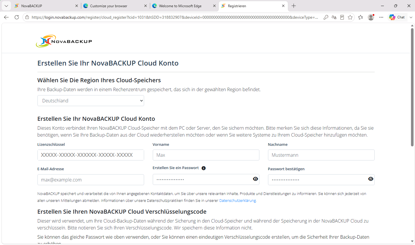 Formular zum Anlegen des NovaBACKUP Cloud-Kontos