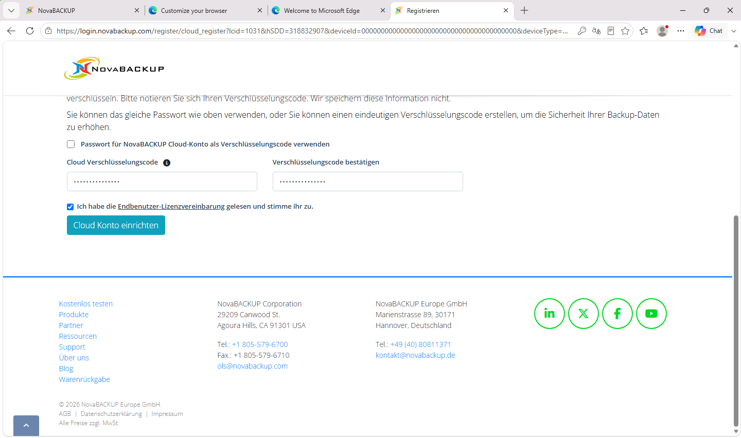 Abschnitt für den Cloud-Verschlüsselungs-Key mit dem Kontrollkästchen für die Endbenutzer-Lizenzvereinbarung