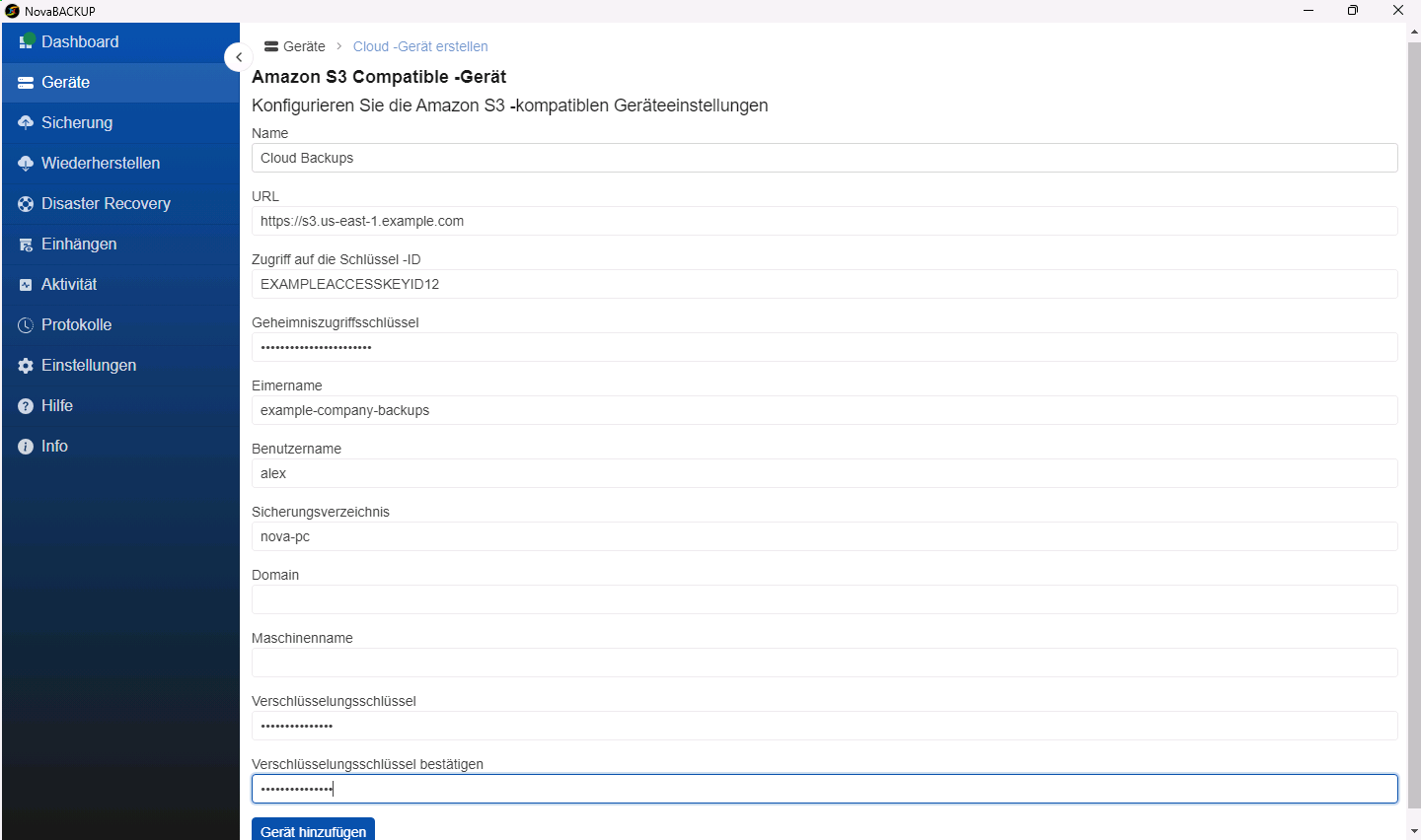 Formular Amazon S3 Compatible -Gerät mit Beispielwerten