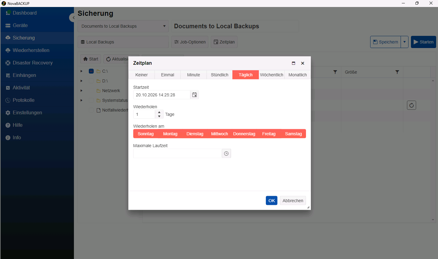 Dialog Zeitplan mit ausgewählter Option Täglich