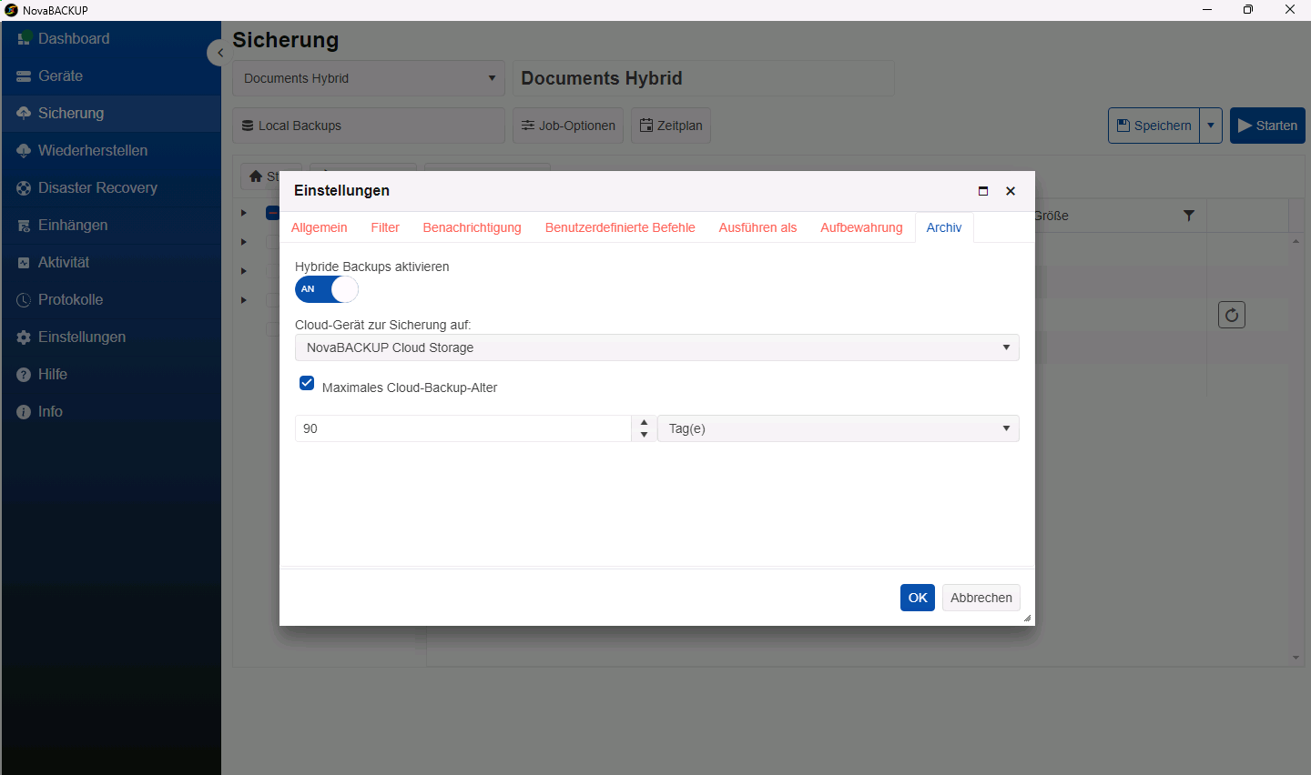 Registerkarte Archiv mit aktiviertem Hybrid-Backup, ausgewähltem Gerät NovaBACKUP Cloud Storage und einem maximalen Cloud-Backup-Alter von 90 Tagen