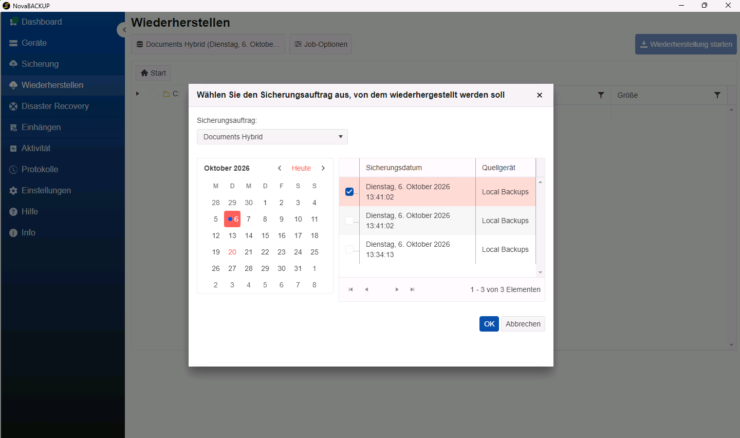 Dialog zur Auswahl des Sicherungsauftrags mit Kalender und einer Liste von Sicherungssätzen