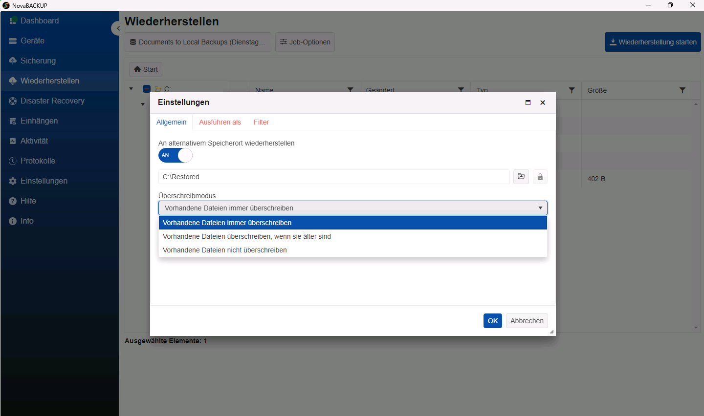Wiederherstellungseinstellungen mit alternativem Speicherort und der Liste für den Überschreibmodus
