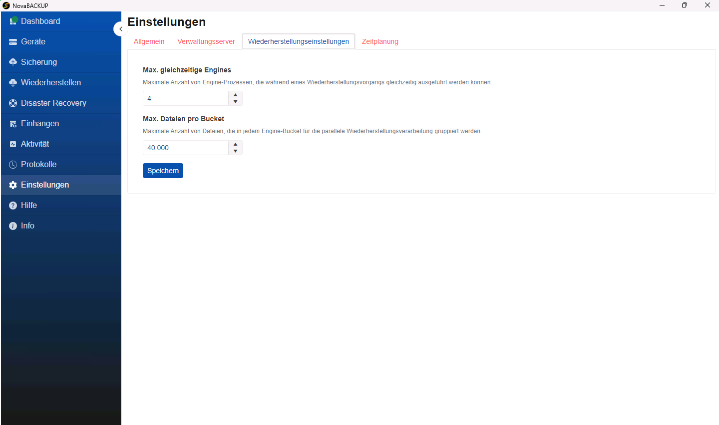 Registerkarte Wiederherstellungseinstellungen mit der Anzahl paralleler Engines und dem Datei-Schwellenwert