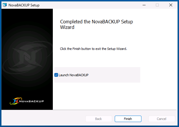 Completed the NovaBACKUP Setup Wizard page