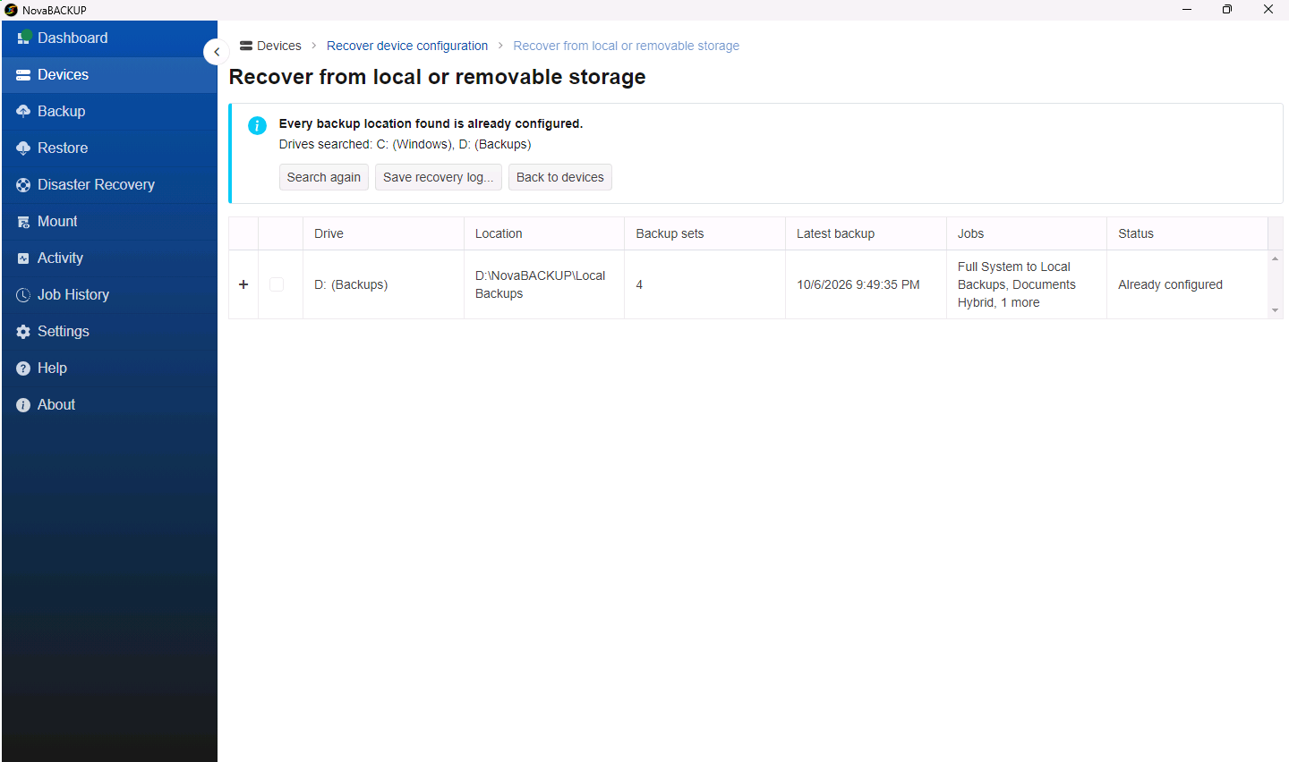Search results listing a backup location on drive D: