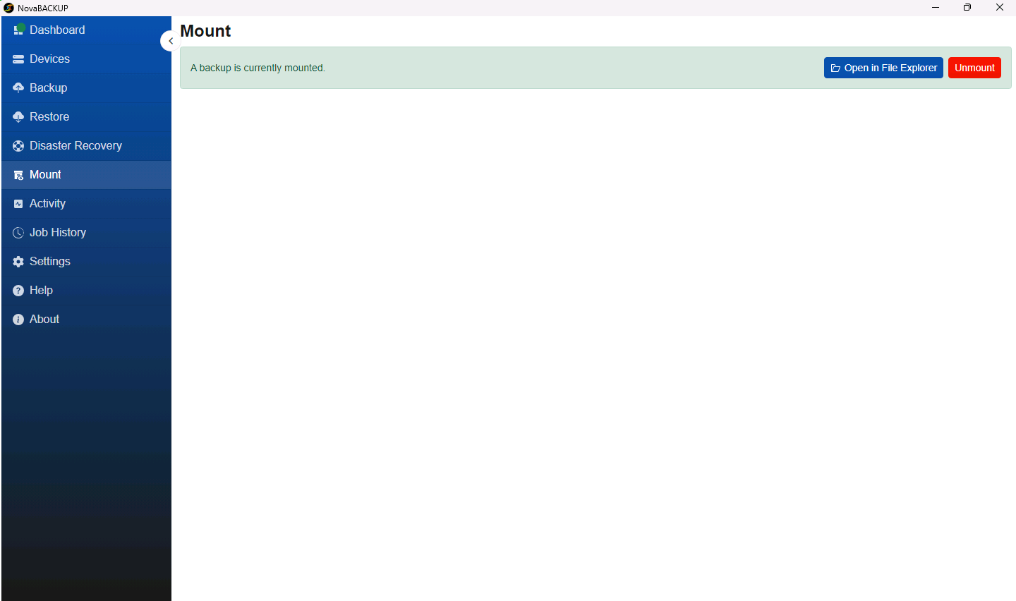 Mount page showing A backup is currently mounted with Open in File Explorer and Unmount buttons