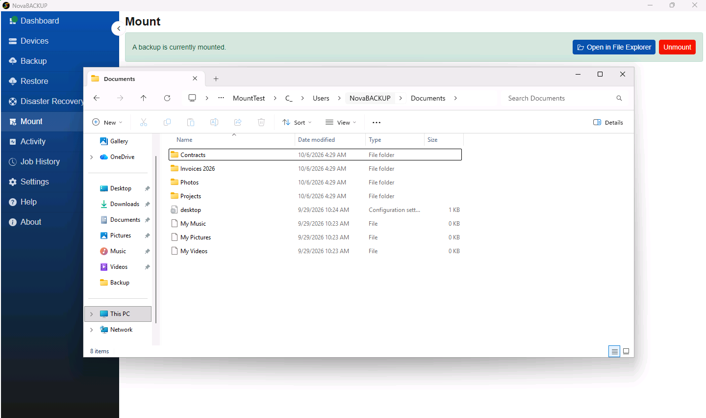 File Explorer showing the Documents folder inside the mounted backup