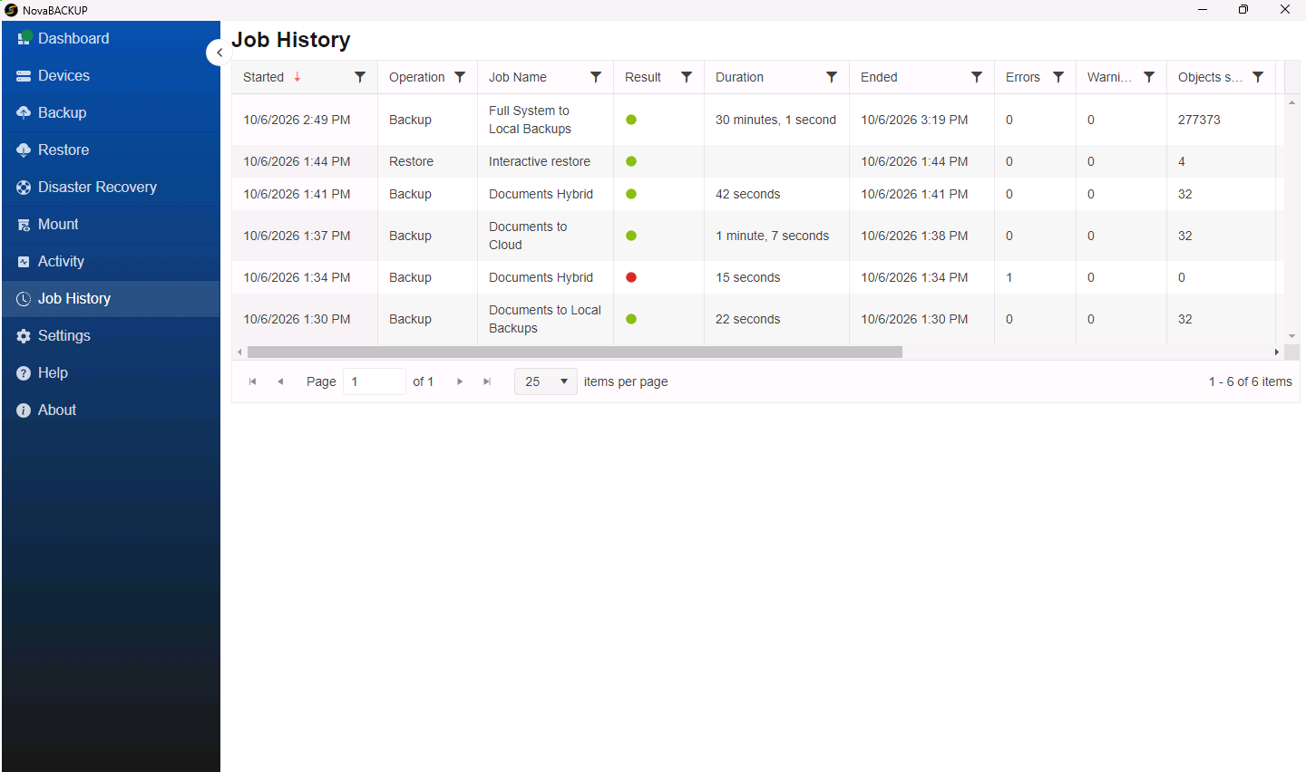 Job History page listing several backup and restore runs