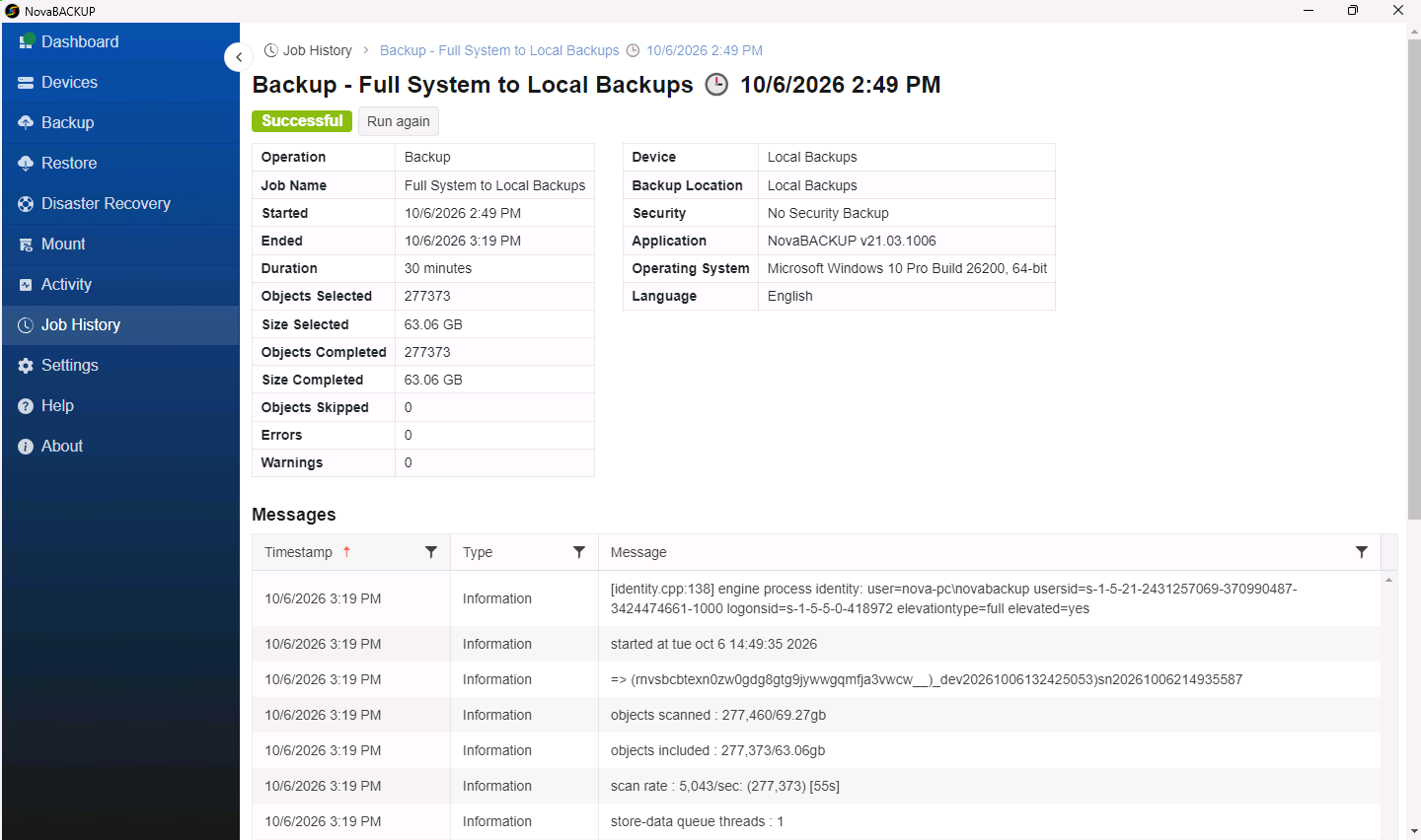 Details of a successful backup run with the summary and the Messages list