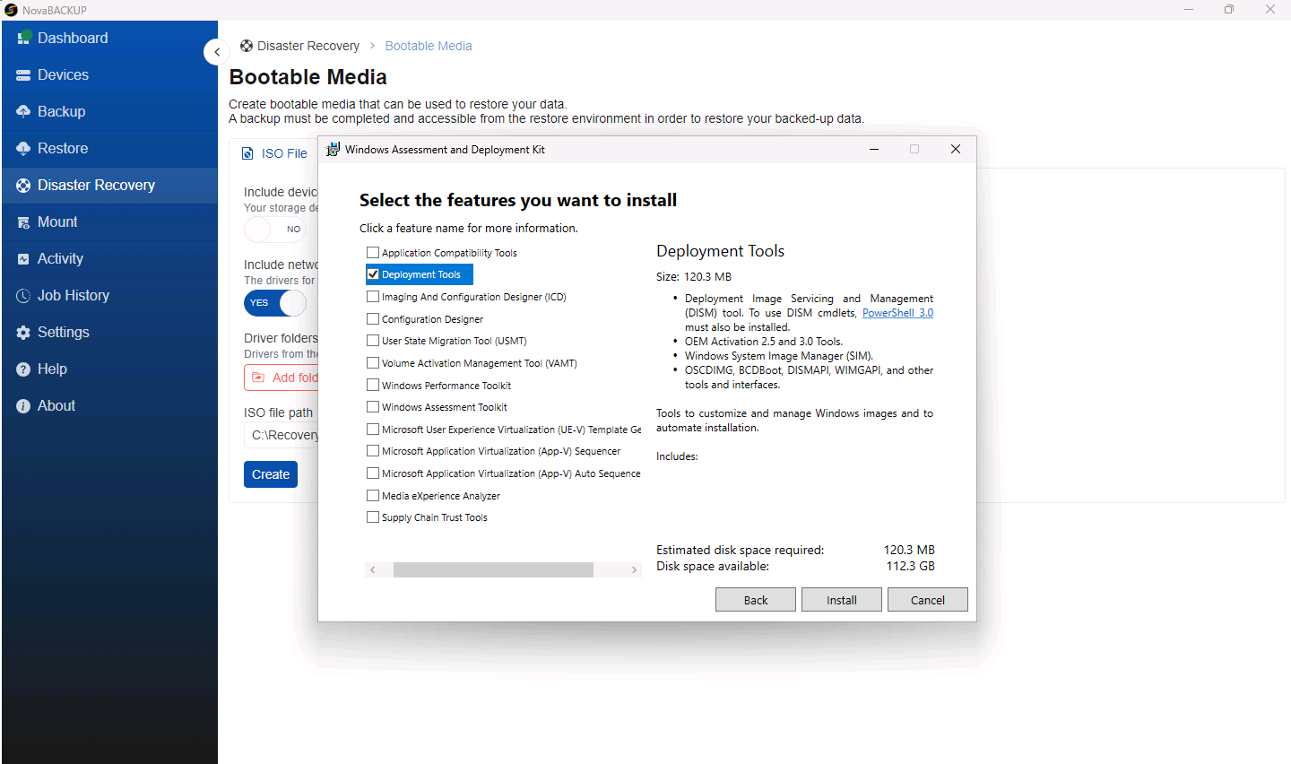 Windows ADK feature list with only Deployment Tools selected