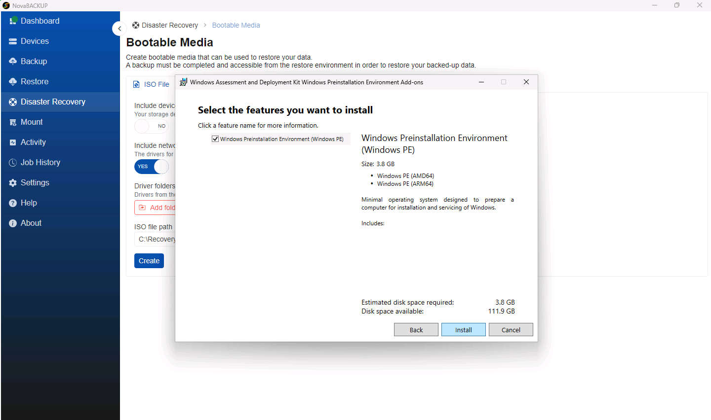Windows PE add-on feature list