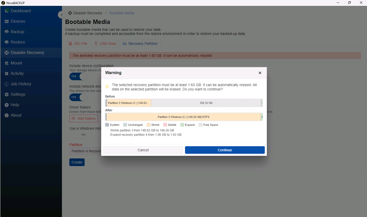 Warning dialog showing the partition layout before and after