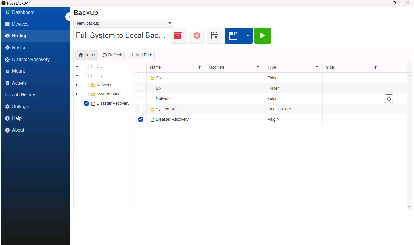 Backup page with Disaster Recovery selected as the backup source