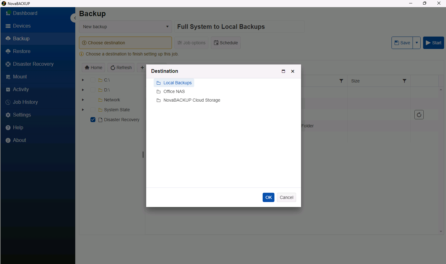 Destination dialog listing the backup devices