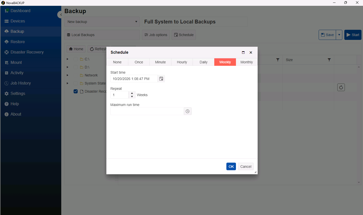Schedule dialog with Weekly selected