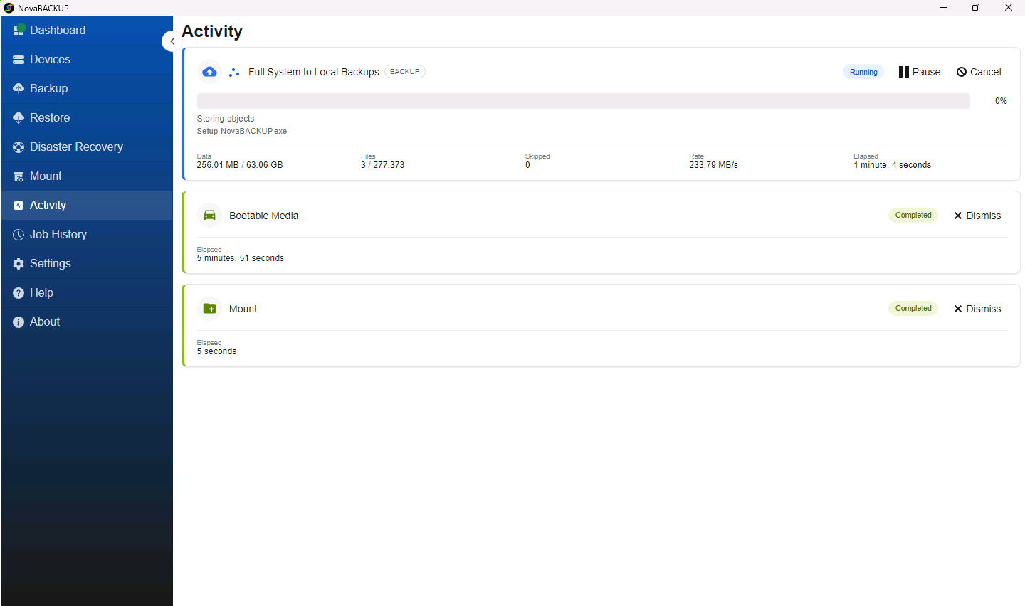 Activity page with a running backup and two completed jobs