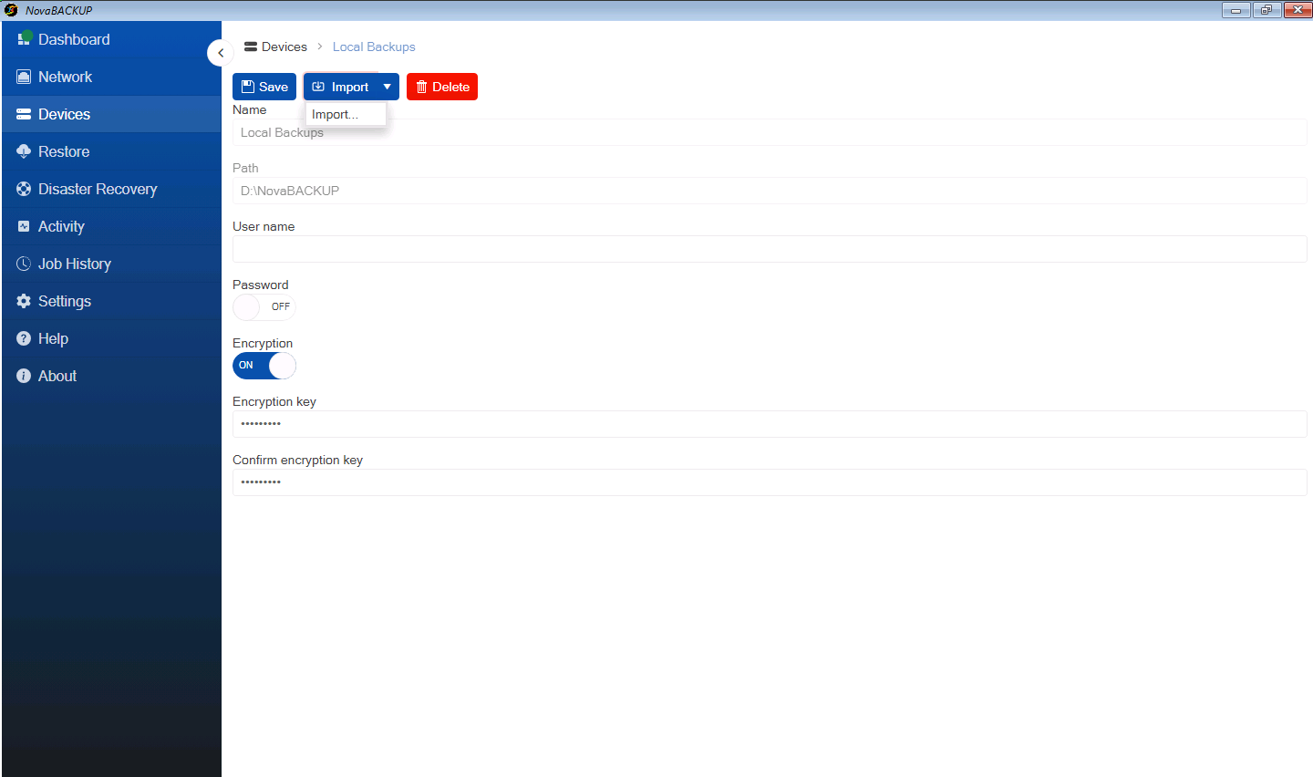 Device details with the Import menu open