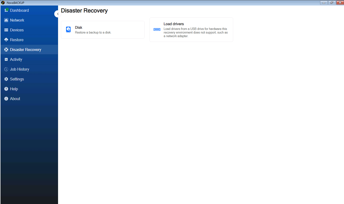 Disaster Recovery page in the recovery environment with the Disk and Load drivers cards
