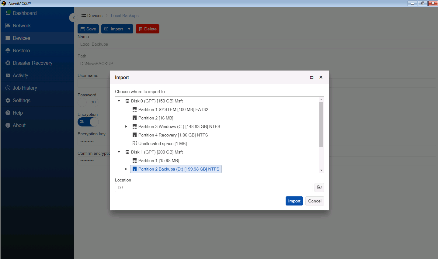 Import dialog with the Backups partition on Disk 1 selected