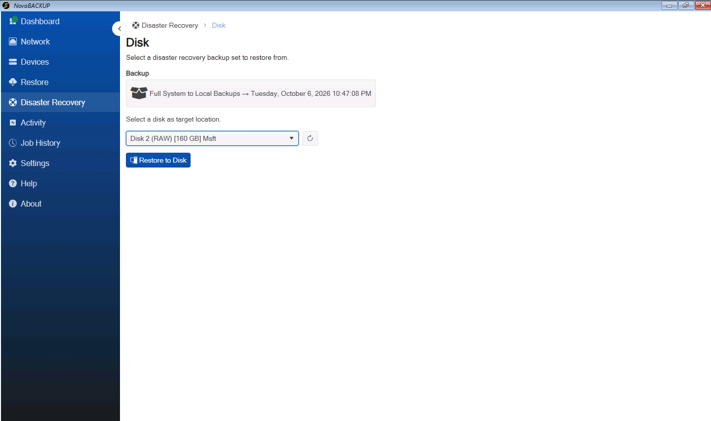 Disk page with the full system backup and Disk 2 selected