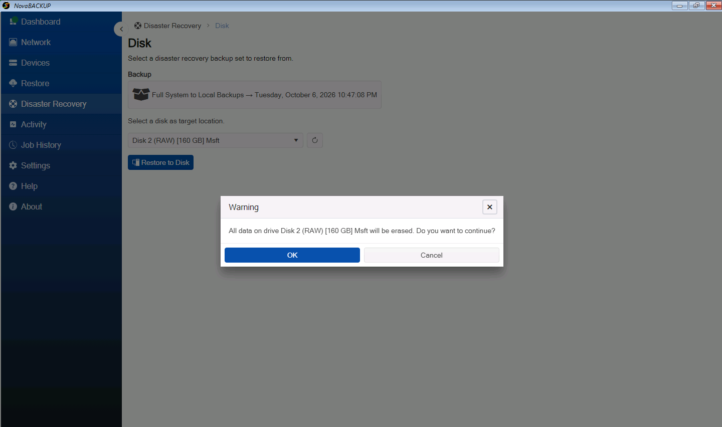 Warning that all data on Disk 2 will be erased